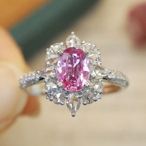 Genuine oval pink sapphire ring 18k white gold/Diamond cluster pink sapphire wedding ring/Unique modern sapphire ring/September birthstone