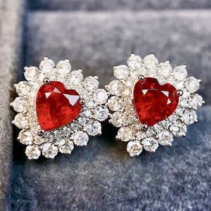 18k white gold genuine pigeon blood ruby stud\Unique heart ruby studs/Dainty floral ruby studs/Diamond petal ruby studs/Art Deco ruby studs