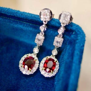 Classic natural pigeon blood red ruby earrings/18k white gold real ruby dangles/Diamond halo Art Deco ruby studs woman birthday anniversary