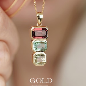 18k gold pink tourmaline necklace/multi-color tourmaline necklace/green tourmaline pendant/anniversary tourmaline/pink stone necklace women