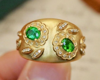 18K Gold Emerald Ring: Art Deco Natural Gemstone Ring