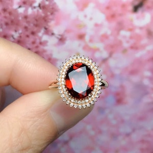 18k Rose Gold Garnet Engagement Ring: Art Deco Double Halo