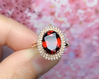 18k rose gold oval natural garnet engagement ring/double halo garnet gold ring/Unique garnet ring/Mozambique garnet ring/art deco garnet