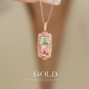 18k gold pink tourmaline necklace/multi-color tourmaline necklace/green tourmaline pendant/anniversary tourmaline/pink stone necklace women