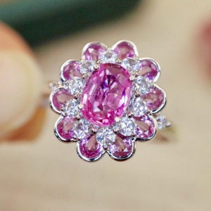 18k white gold natural pink sapphire engagement ring/Diamond halo sapphire wedding ring/Unique vintage sapphire ring/Handmade pink sapphire