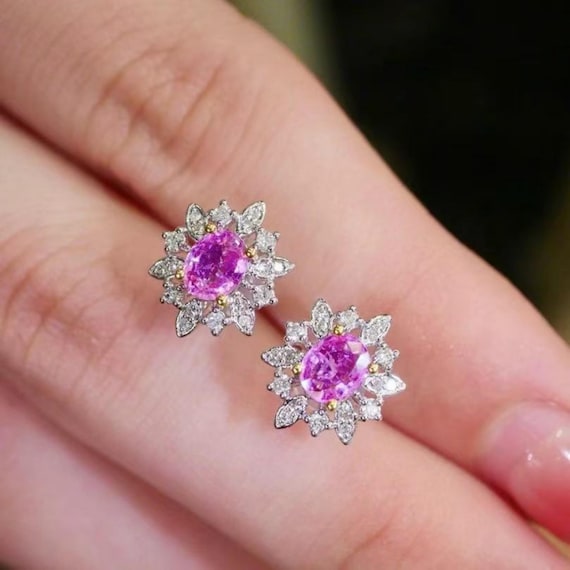 18k White Gold Pink Sapphire Stud Earrings: Handmade Halo Design