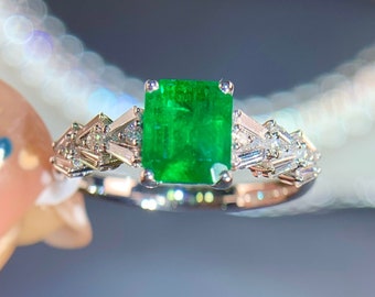 Art Deco Muzo Emerald Ring: 18K White Gold Diamond Ring