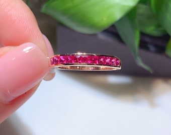 18K Rose Gold Ruby Wedding Band: July Birthstone Ring/dainty cluster ruby matching band/real ruby stacking ring women/ruby straight band