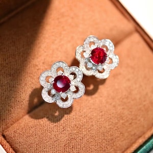 18k white gold genuine pigeon blood ruby stud\Unique heart ruby studs/Dainty floral ruby studs/Diamond petal ruby studs/Art Deco ruby studs