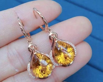 Pear citrine earrings/18k rose gold citrine hoop earrings/Natural Boho citrine studs/Natural citrine studs/Handmade citrine earrings/Art Dec