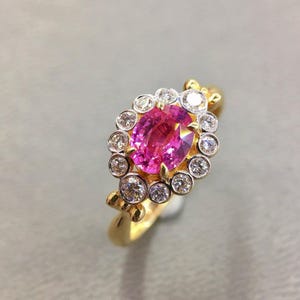 18k solid gold genuine oval pink sapphire promise ring/Diamond halo pink sapphire ring/Statement vintage sapphire ring/September birthstone