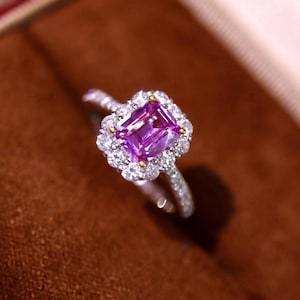 18k white gold natural pink sapphire engagement ring/Diamond halo pink sapphire wedding ring/Unique handmade art deco pink sapphire ring