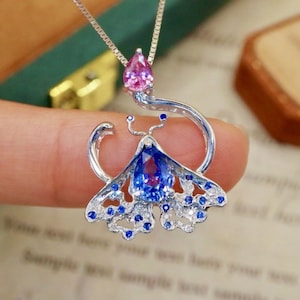18k white gold natural blue sapphire necklace/Unique butterfly sapphire pendant/Art deco pink sapphire pendant/multi color sapphire jewelry