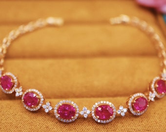 Pulsera de rubíes rojo sangre de paloma de alta gama en oro rosa de 18k/Pulsera de rubíes ovalados con halo de diamantes/Brazalete apilable de rubíes Art Déco para mujer/Rubí moderno
