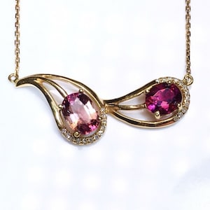 18k rose gold pink sapphire necklace/Purple pink sapphire Padparadscha necklace/Unique double stone pink sapphire pendant/Handmade sapphire