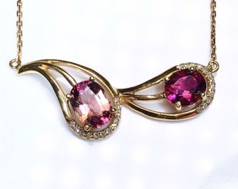 18k Rose Gold Pink Sapphire Necklace: Handmade Double Stone Pendant