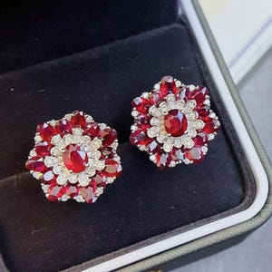 Luxurious high end ruby earring studs/18k white gold natural ruby studs/Diamond halo ruby studs/Modern Art Deco ruby studs for wedding gift