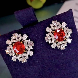 Luxurious top notch 18k white gold huge genuine pigeon blood ruby studs\Unique floral ruby studs/Diamond art deco ruby studs/Fancy jewelry
