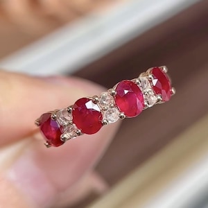 Real Ruby Band, 18K Rose Gold Genuine Ruby Wedding Ring, Red Gemstone Ring for Women, July Birthstone Ring, unique Ruby Ring, Ruby Jewelry