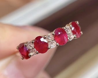 Real Ruby Band, 18K Rose Gold Genuine Ruby Wedding Ring, Red Gemstone Ring for Women, July Birthstone Ring, unique Ruby Ring, Ruby Jewelry