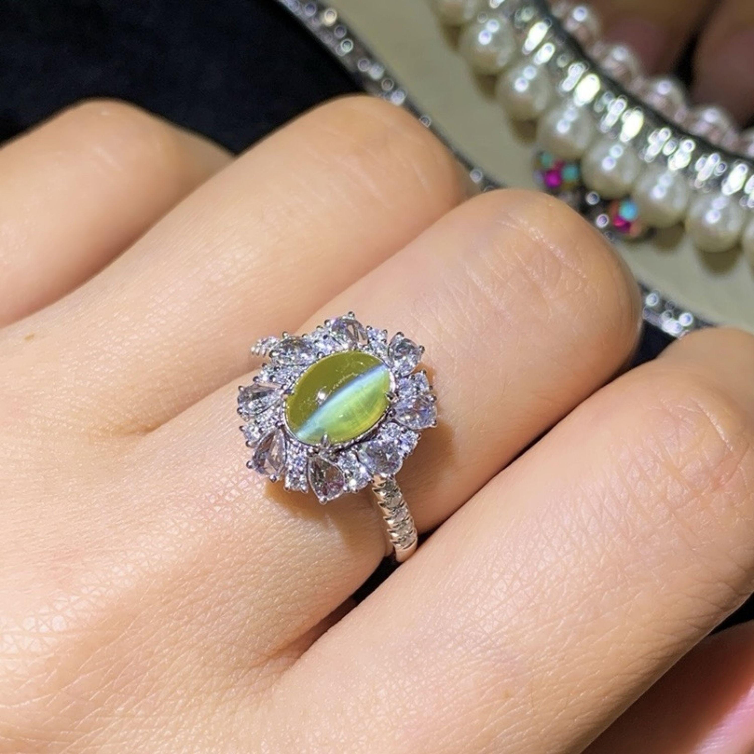 天然キャッツアイ クリソベリル リング：18K ホワイトゴールド 