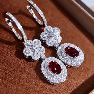 18k white gold genuine pigeon blood ruby dangles\Unique natural ruby earrings/Dainty natural handmade Art Deco fine ruby anniversary jewelry