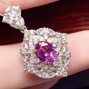 Double halo pear pink sapphire pendant 18k white gold/Natural real pink sapphire necklace/Unique diamond sapphire pendant/Dainty sapphire