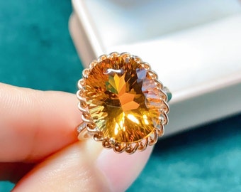 Boho citrine ring/18k rose gold citrine engagement ring/Round chunky citrine ring women/Natural citrine ring/Handmade citrine ring/Art Deco