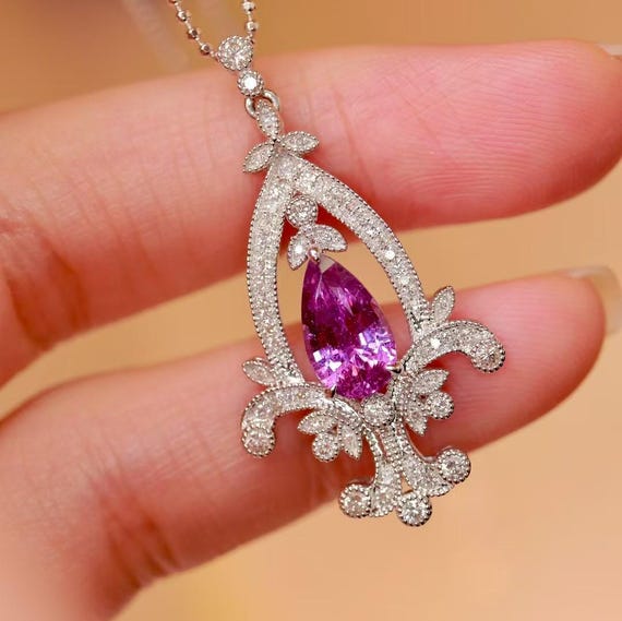 18k Solid Gold Pink Sapphire Pendant Necklace/pear Cut