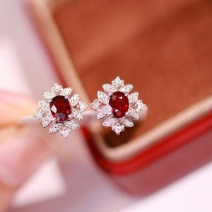 Minimalist ruby earring studs/18k white gold natural ruby studs/Diamond halo ruby studs/Dainty ruby studs/Modern Art Deco ruby studs woman