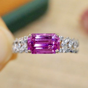 18k white gold natural pink sapphire engagement ring/Diamond pink sapphire wedding ring/Unique vintage sapphire ring/Handmade pink sapphire