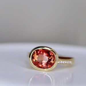 18k gold natural orange-red tourmaline engagement ring/Gold and diamond red tourmaline ring/Bezel setting red tourmaline ring/unique pink