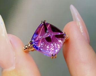 18k rose gold Pyramid Amethyst ring/Purple Amethyst engagement ring/Boho amethyst ring for her/February Amethyst ring women/Art Deco ring
