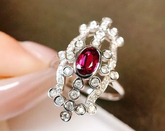 High End Natural Oval Ruby Ring/18k white gold natural ruby ring/Diamond halo ruby engagement ring/July birthstone ring/Modern ruby ring
