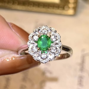 High end natural emerald ring for her/Diamond halo emerald ring in 18k white gold/Handmade custom emerald gift/Unique emerald jewelry women