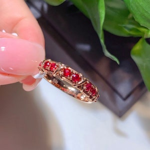 Real Ruby Band, 18K Rose Gold Genuine Ruby Wedding Ring, Red Gemstone Ring for Women, July Birthstone Ring, unique Ruby Ring, Ruby Jewelry