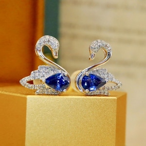 18k white gold natural royal blue sapphire swan earrings/Diamond sapphire earrings/Unique sapphire studs/Handmade blue sapphire earrings
