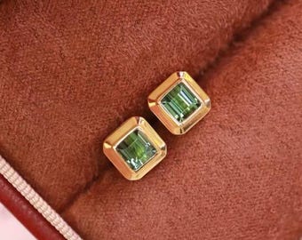 18k solid gold tourmaline earrings/Unique bezel green tourmaline studs earrings for her/Brazil tourmaline studs for her/handmade fine studs