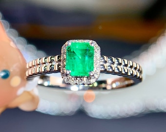Vintage Emerald Diamond Ring: Handmade 18K White Gold Jewelry