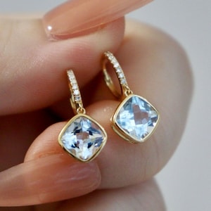 Emerald cut real aquamarine earrings/18k gold natural aquamarine dangle/Dainty aquamarine earring/Cool aquamarine earring/Simple trendy stud