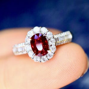 18k white gold high end dark pigeon blood ruby ring/Halo Oval ruby engagement ring for women/Luxury ruby promise ruby ring/anniversary