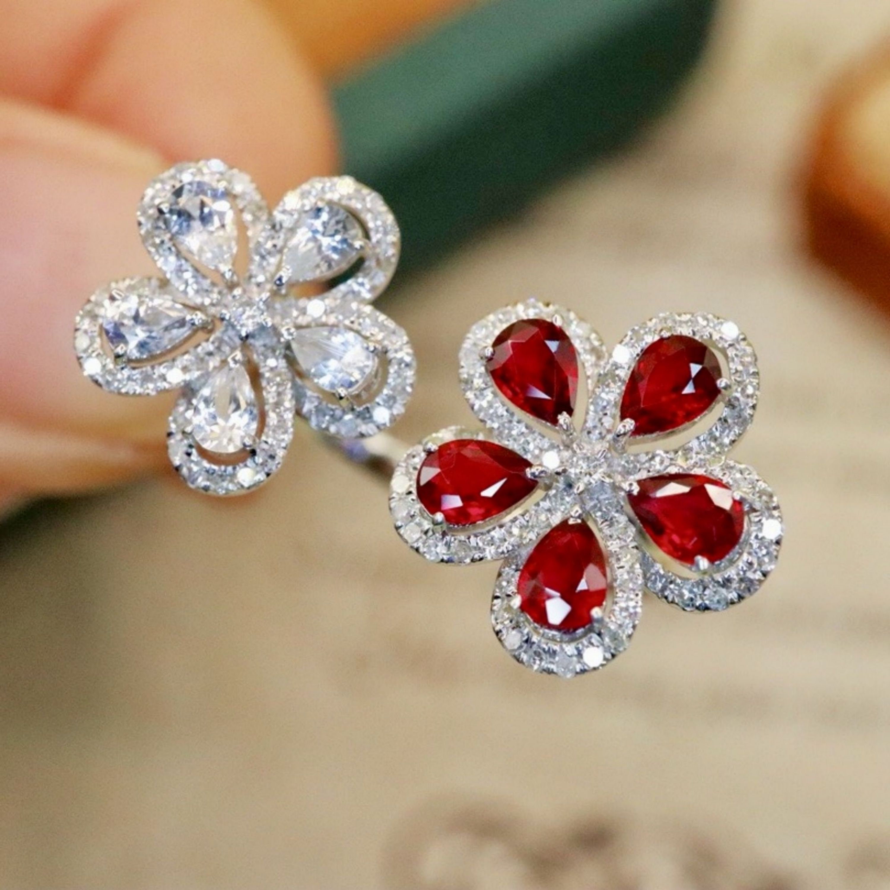 Floral Genuine Ruby Ring With White Sapphire 18k White Gold/unique ...