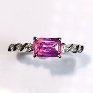18k white gold natural pink sapphire engagement ring/Dainty pink sapphire stacking ring/Emerald cut sapphire ring/Diamond pink sapphire ring