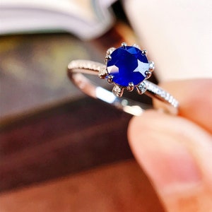 18k white gold natural blue sapphire engagement ring/Prong sapphire engagement ring/Unique half eternity sapphire wedding ring/Handmade ring