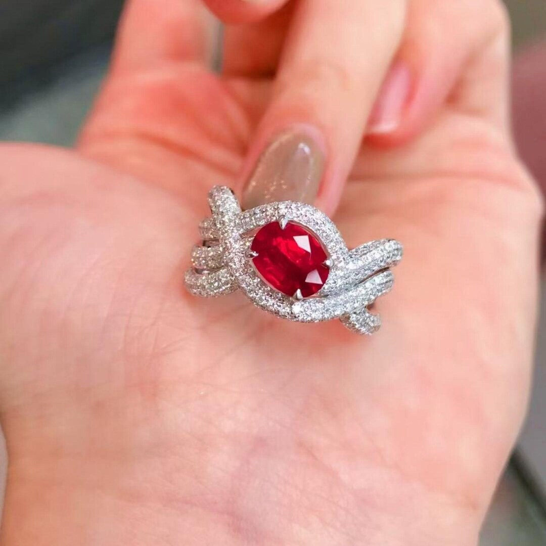 Oval Ruby Engagement Ring: 18k White Gold Diamond Halo, July Birthstone ...