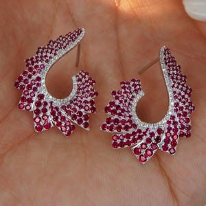 Geometric Ruby Dangle Earrings, Abstract Design Natural Ruby Pavé Hook Earrings, 18K Gold Fine Jewelry Luxury Ruby Pavé Earrings