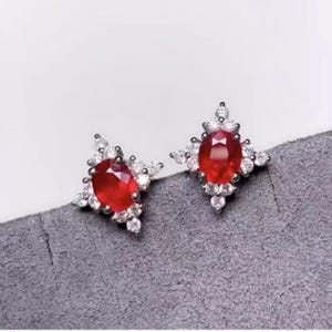 Minimalist ruby earring studs/18k white gold natural ruby studs/Diamond halo ruby studs/Dainty ruby studs/Modern Art Deco ruby studs woman