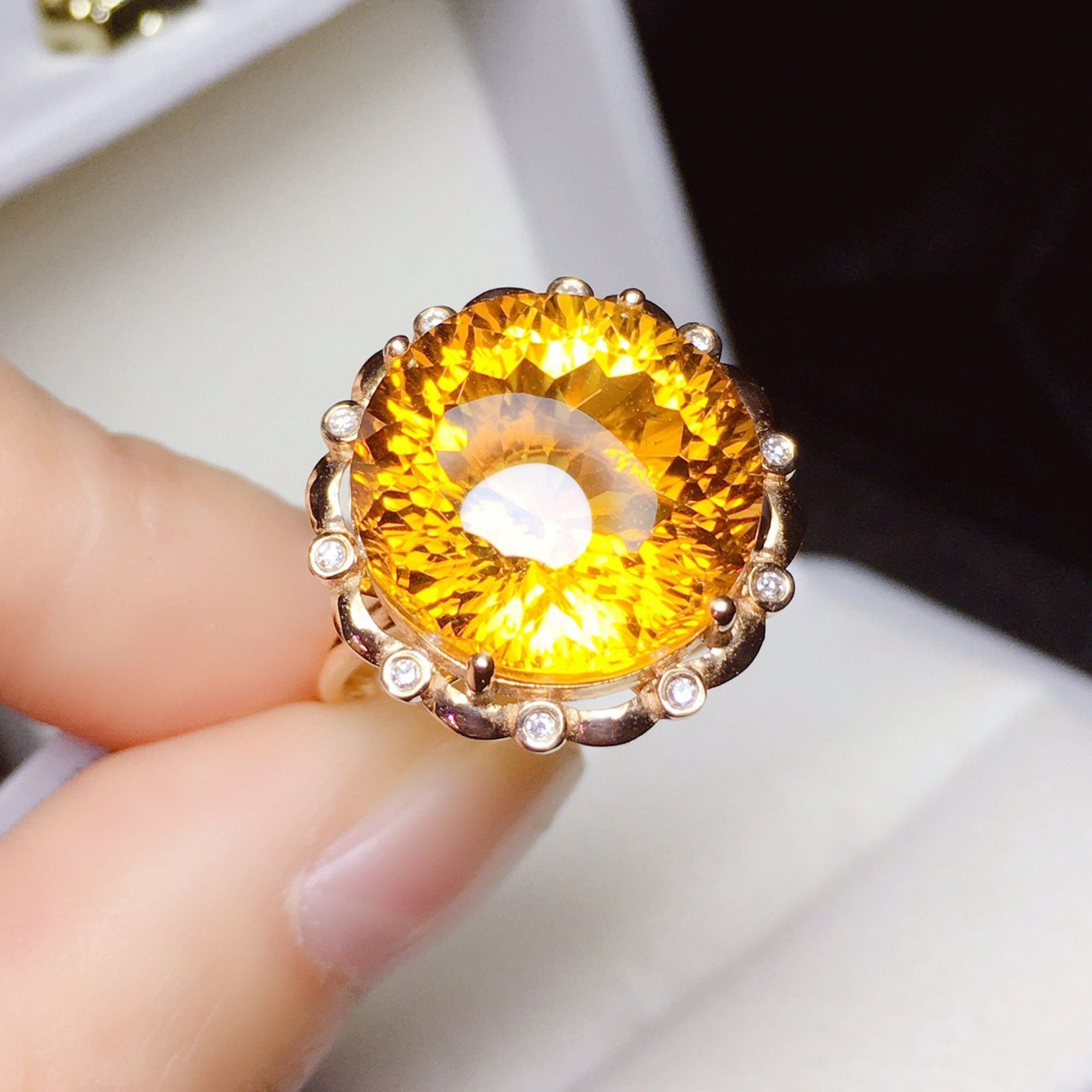 Boho citrine ring/18k rose gold citrine engagement ring/Round chunky citrine ring women/Natural citrine ring/Handmade citrine ring/Art Deco