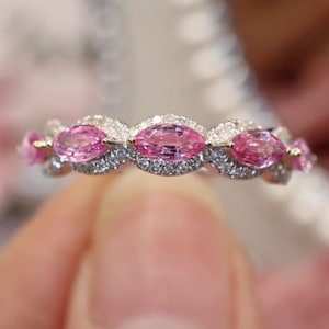 18k white gold natural pink sapphire engagement ring/Diamond halo sapphire wedding ring/Unique vintage sapphire ring/Handmade pink sapphire