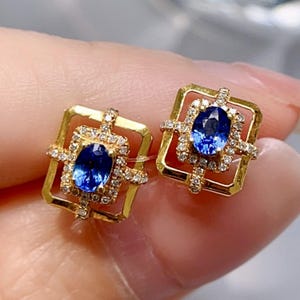 Aesthetic natural blue sapphire studs in 18k solid gold/Diamond halo sapphire earrings for Mother&#39;s day wife lover birthday anniversary